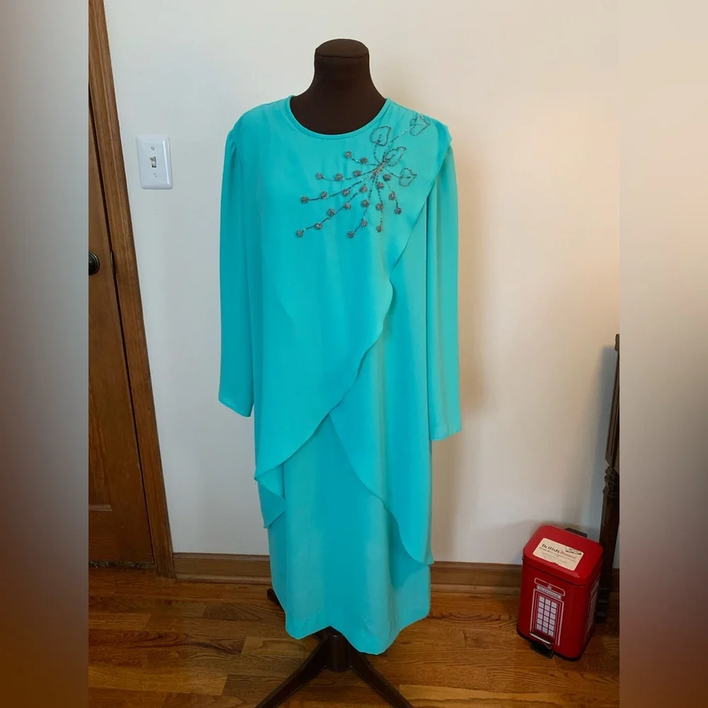 Formal Dress - Teal W/Grey Floral Beading - Picture 1 of 9